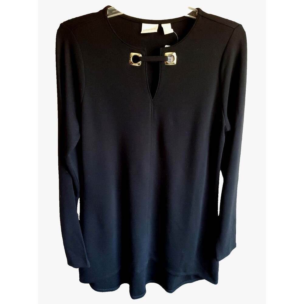 Chicos 0 Tunic Black Grommet Keyhole Blouse Minimalist Modern Soft Stretch 4